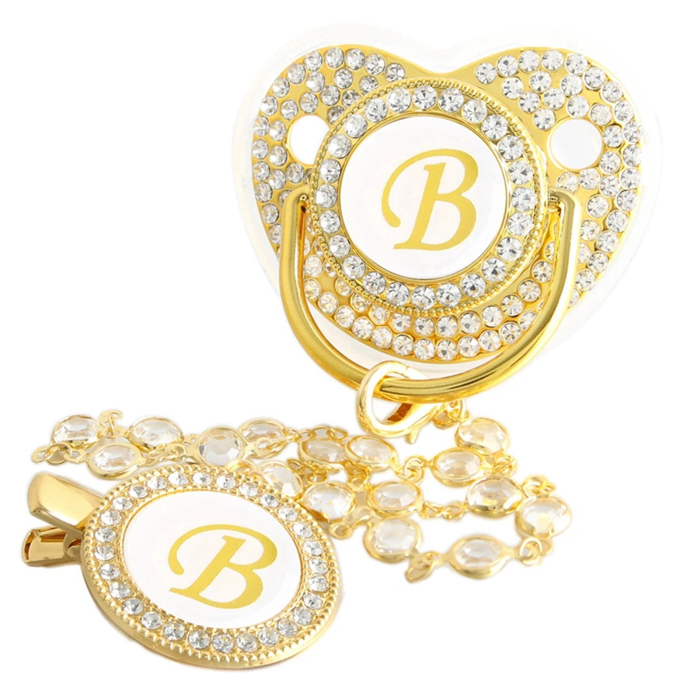 26 Letters Golden Baby Pacifier With Diamond Chain Clip