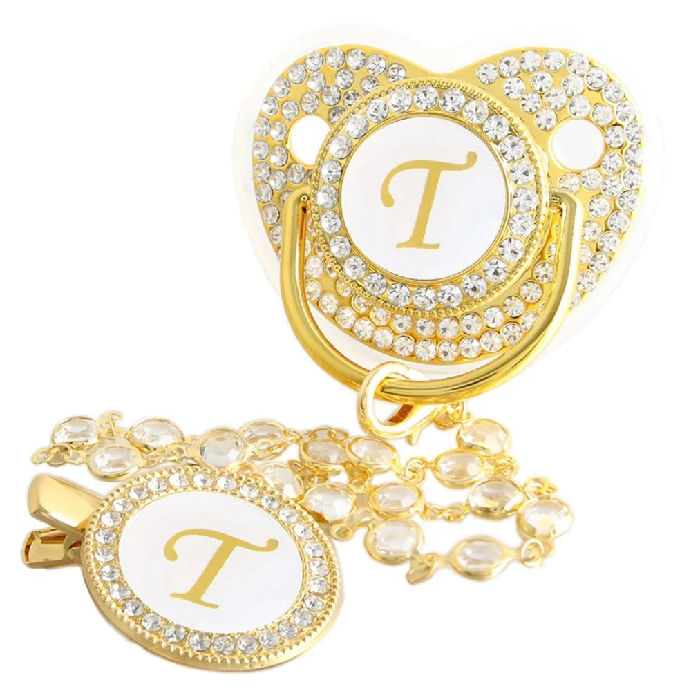 26 Letters Golden Baby Pacifier With Diamond Chain Clip