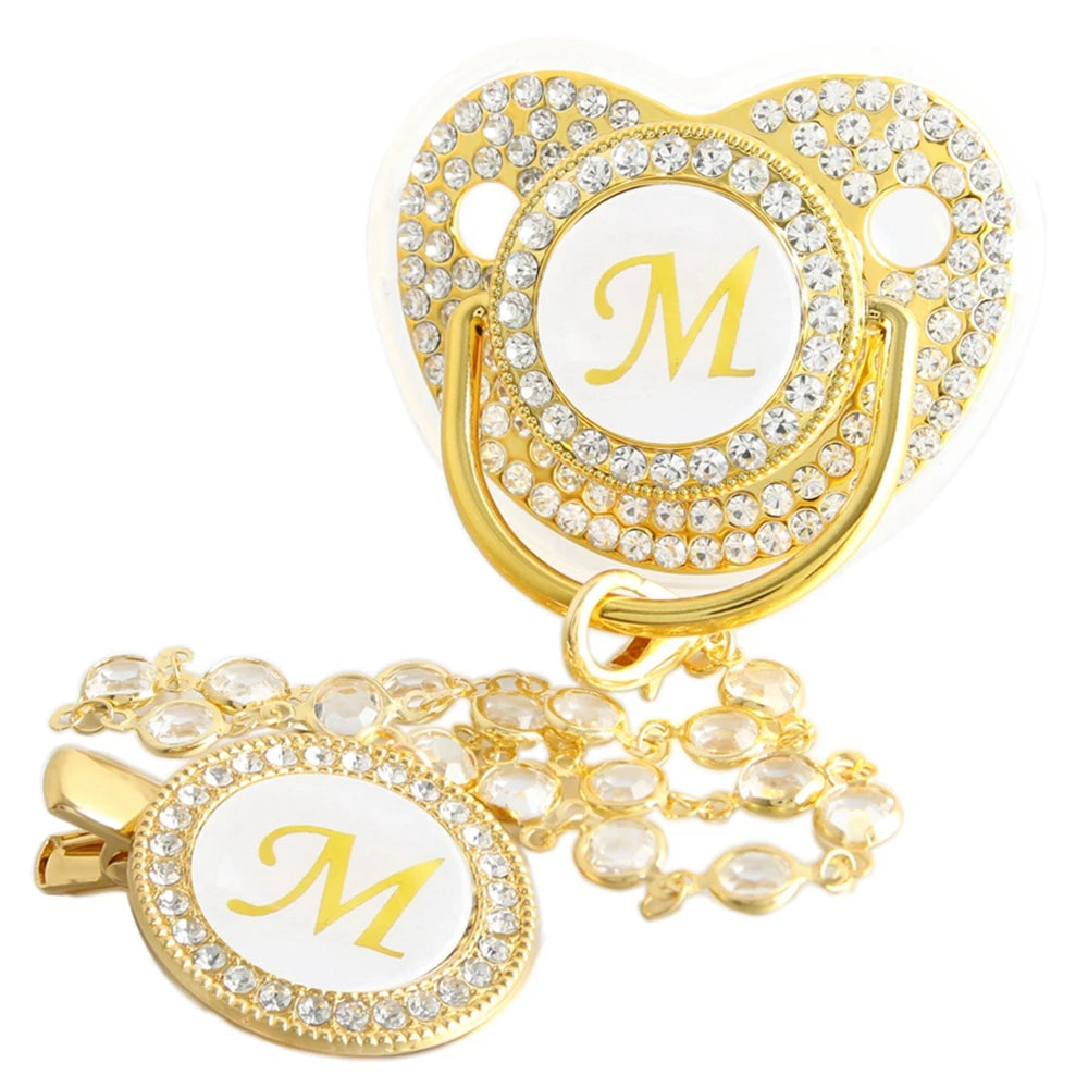26 Letters Golden Baby Pacifier With Diamond Chain Clip