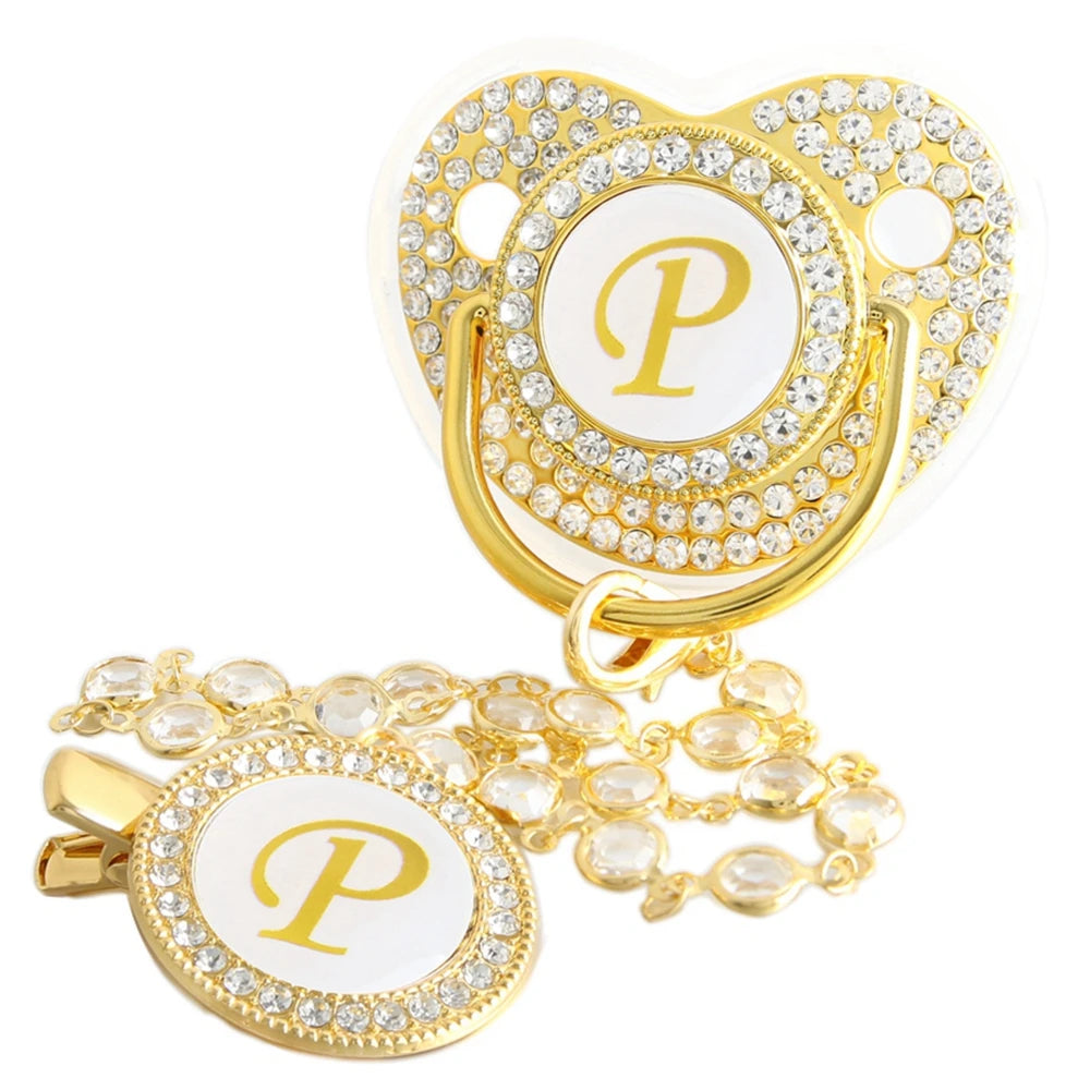 26 Letters Golden Baby Pacifier With Diamond Chain Clip