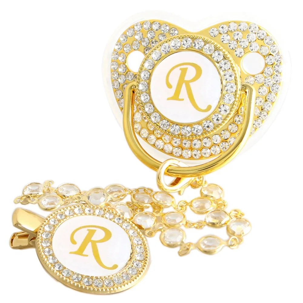 26 Letters Golden Baby Pacifier With Diamond Chain Clip