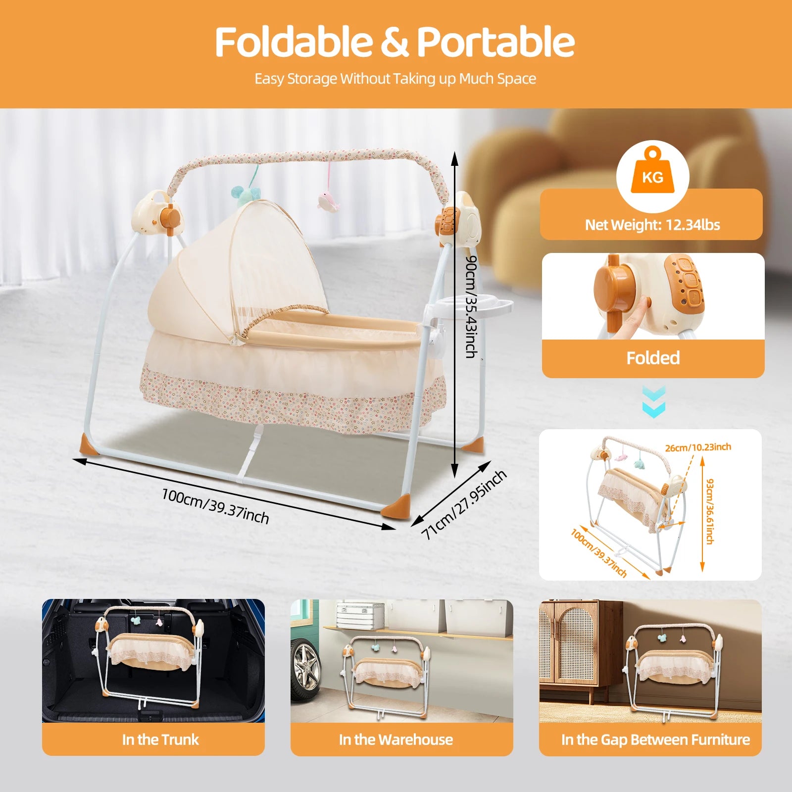 Electric Baby Crib Cradle, 0-18  Bed Auto Swing with Remote Control/Music