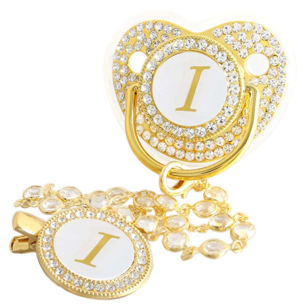 26 Letters Golden Baby Pacifier With Diamond Chain Clip