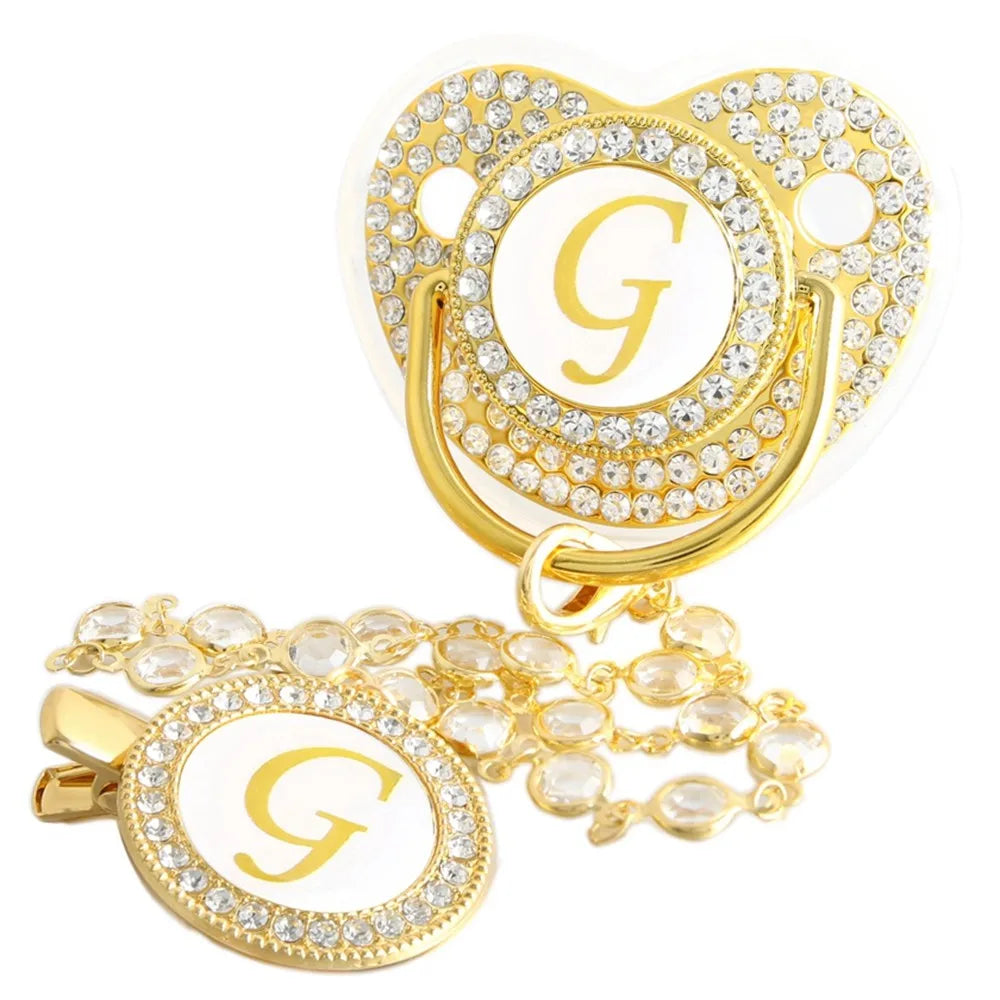 26 Letters Golden Baby Pacifier With Diamond Chain Clip